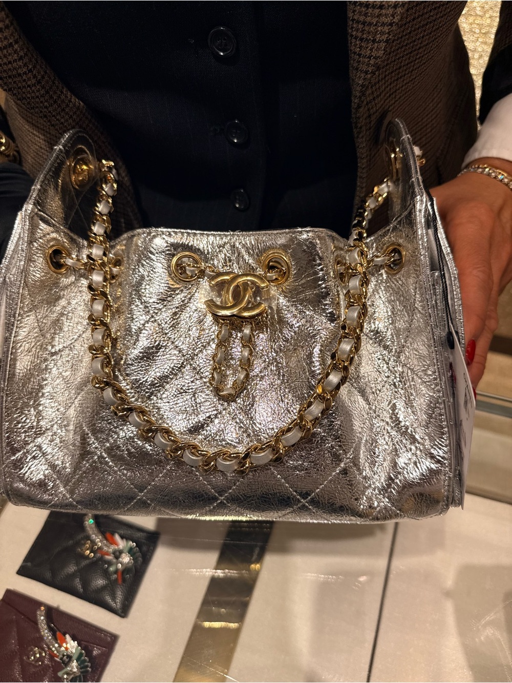 New CHANEL 25 MINI Silver Quilted Metallic Leather Shoulder Bag with Gold Chain